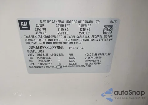 2012 Chevrolet Equinox 1Lt из США, поврежденный, VIN 2GNALDEK8C6327844